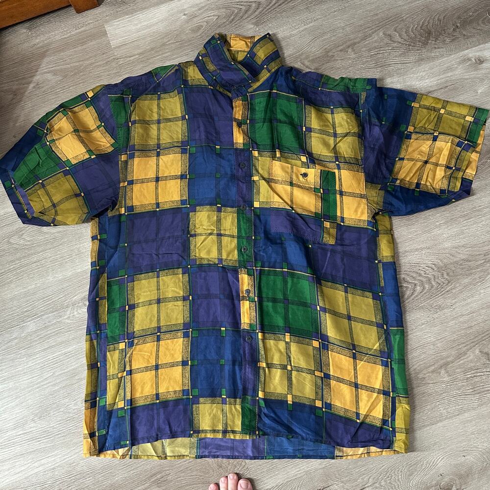 vintage Saxony 90s 80s silk colorful abstract art button up mens dress shirt XL